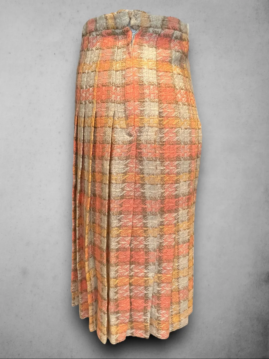 1960’s Wool Pleated Salmon Pink, Orange & Beige Plaid Skirt