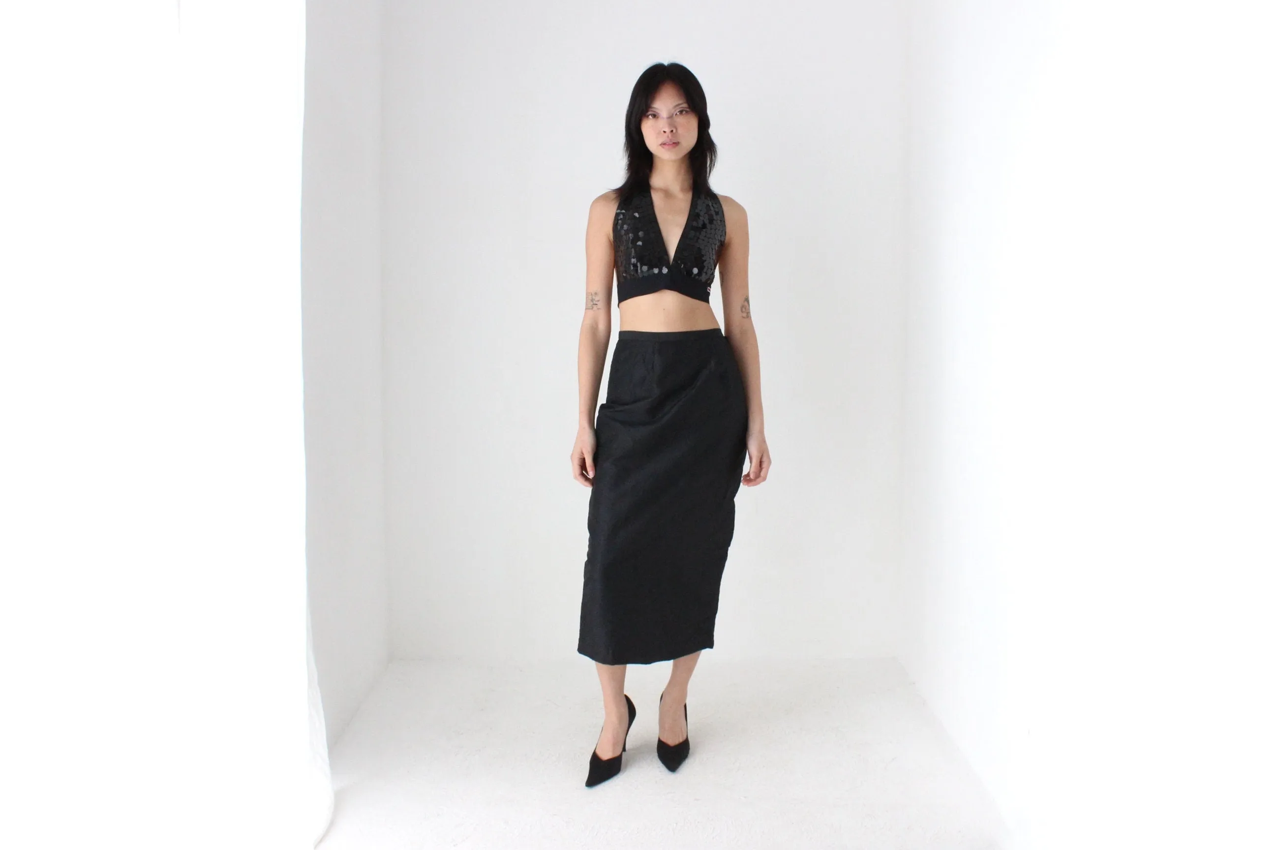 90s Black Taffeta Crinkle High Waist Column Midi Skirt