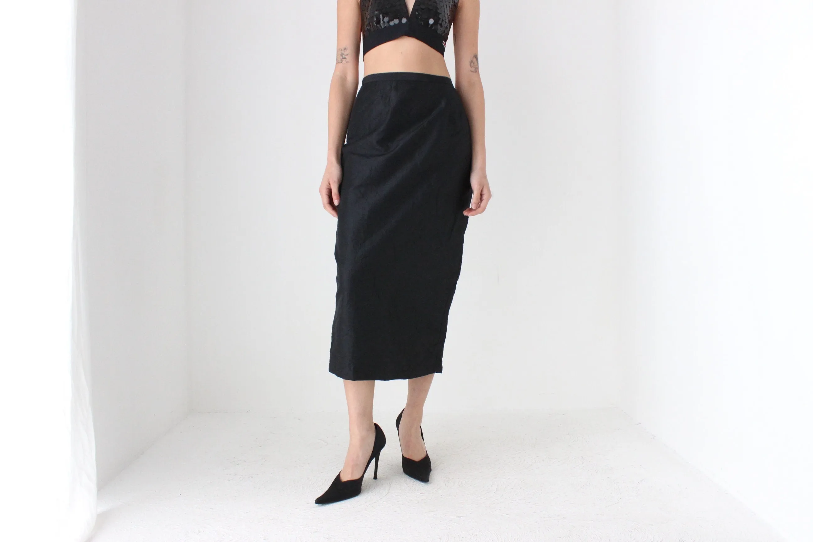 90s Black Taffeta Crinkle High Waist Column Midi Skirt