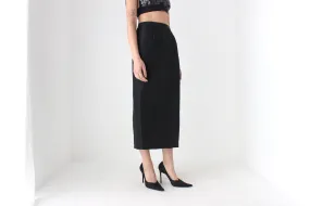 90s Black Taffeta Crinkle High Waist Column Midi Skirt