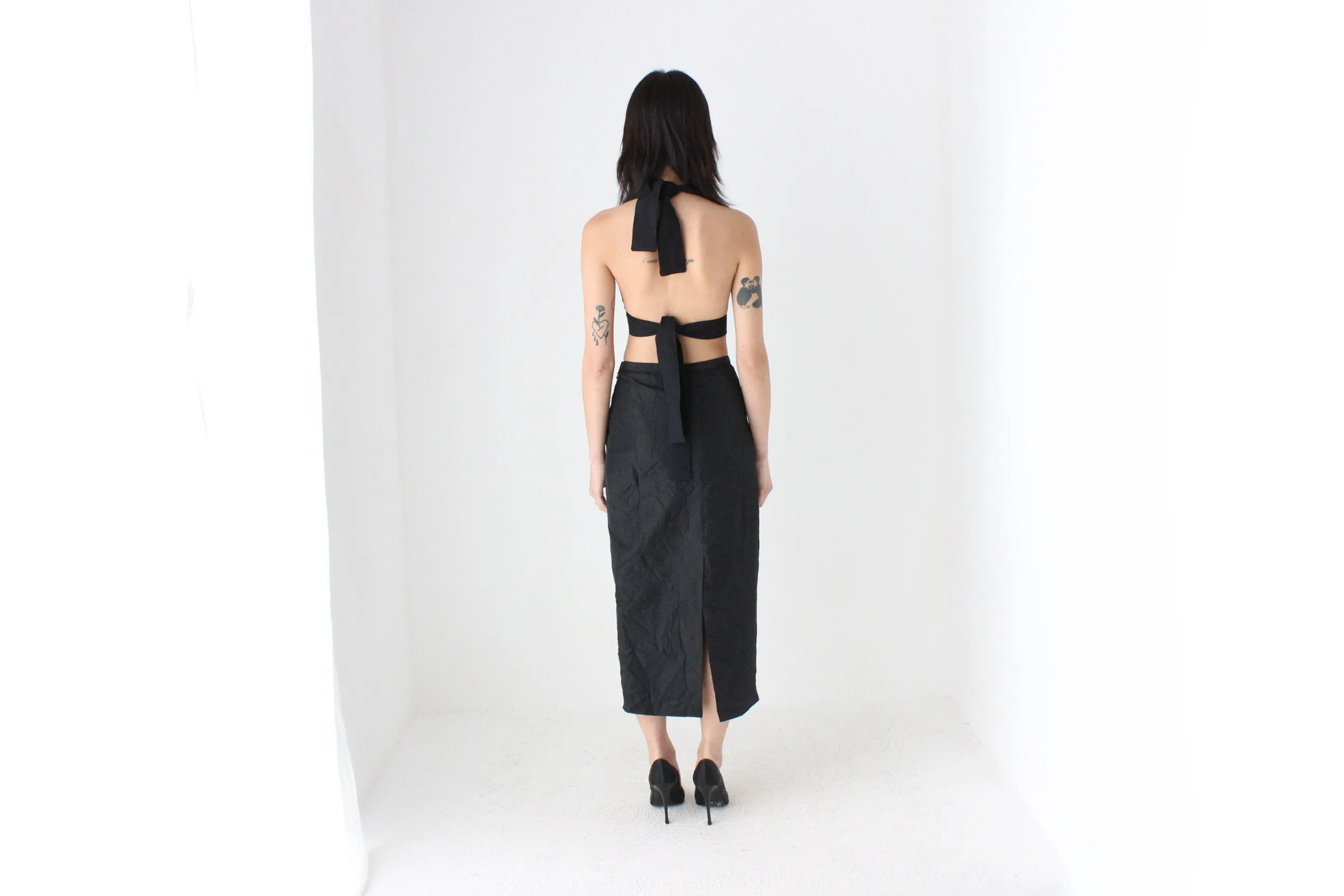 90s Black Taffeta Crinkle High Waist Column Midi Skirt