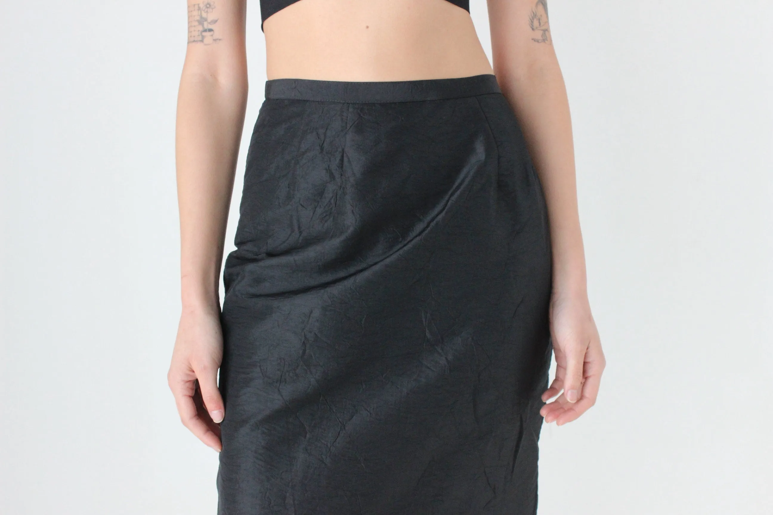 90s Black Taffeta Crinkle High Waist Column Midi Skirt