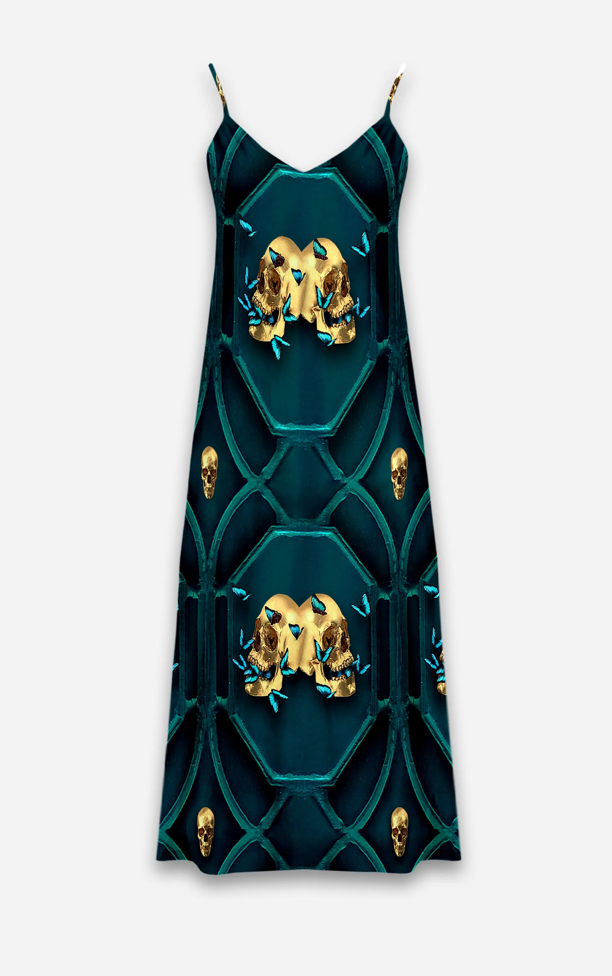 All Saints Nouveau- 100% Silk Satin French Gothic V Neck Slip Dress in Midnight Teal | Le Leanian™