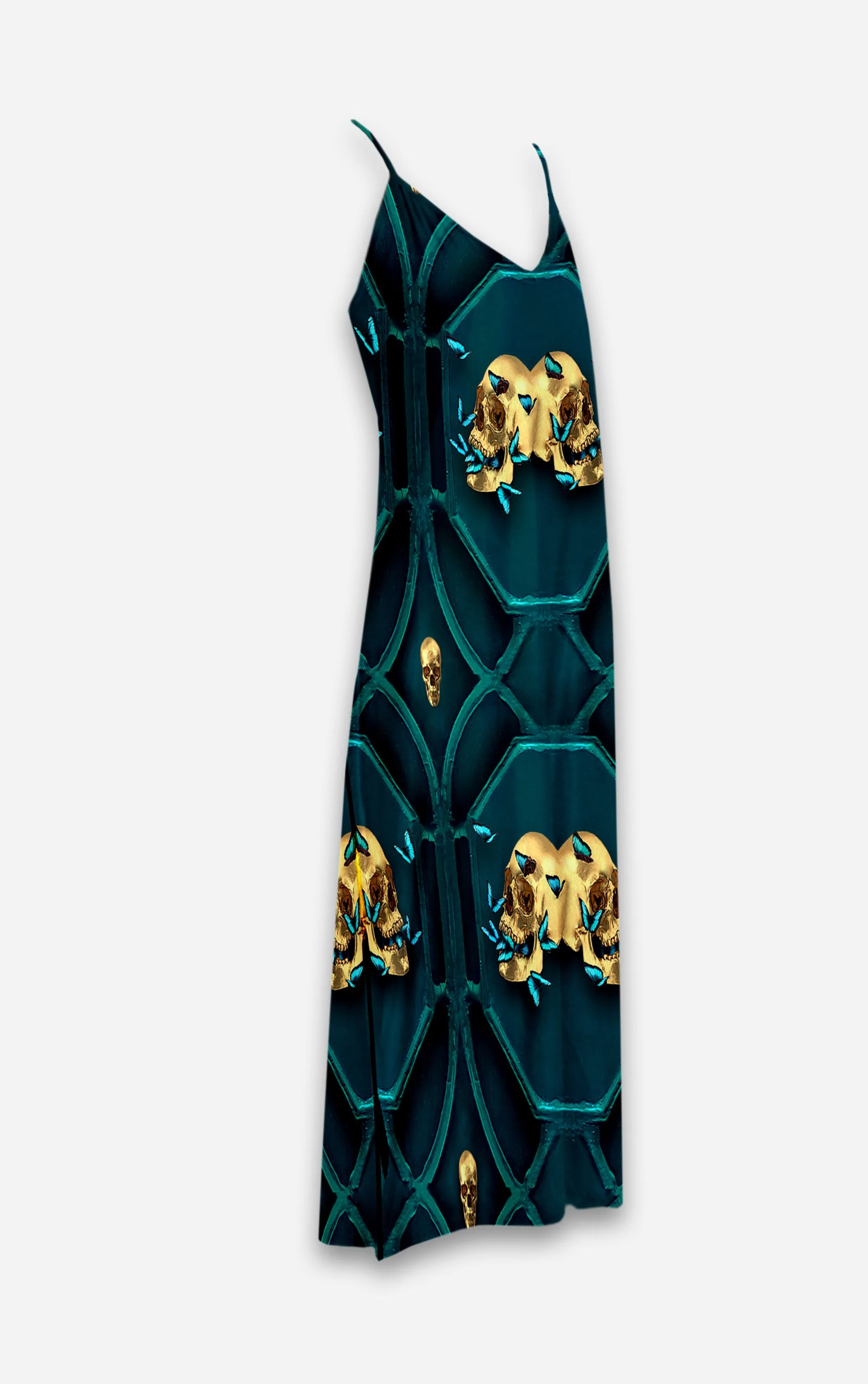 All Saints Nouveau- 100% Silk Satin French Gothic V Neck Slip Dress in Midnight Teal | Le Leanian™