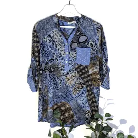 Animal fusion print half button down shirt with subtle sequin pockets and neckline (M)