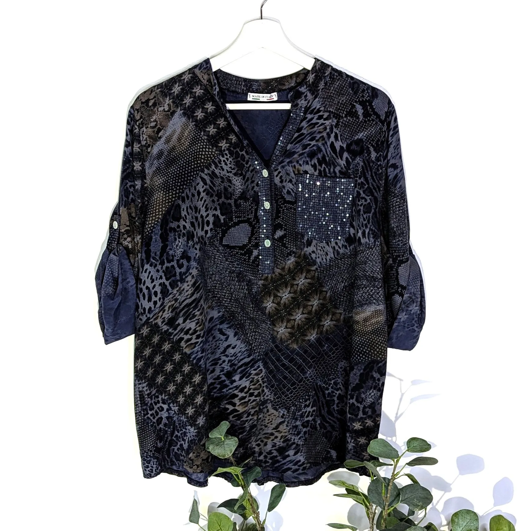 Animal fusion print half button down shirt with subtle sequin pockets and neckline (M)