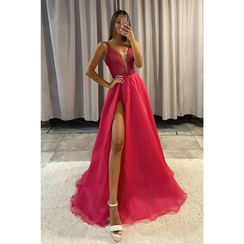 Attractive V-neck Detachable Skirt Long Prom Dress with Slit