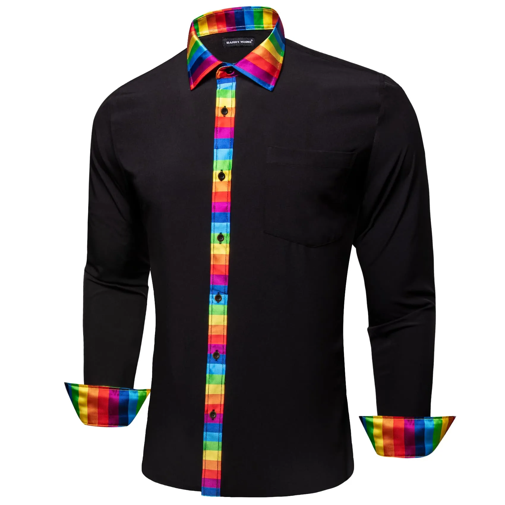 Barry Wang Black Silk Shirt Splicing Rainbow Color Collar Cuffs Shirt