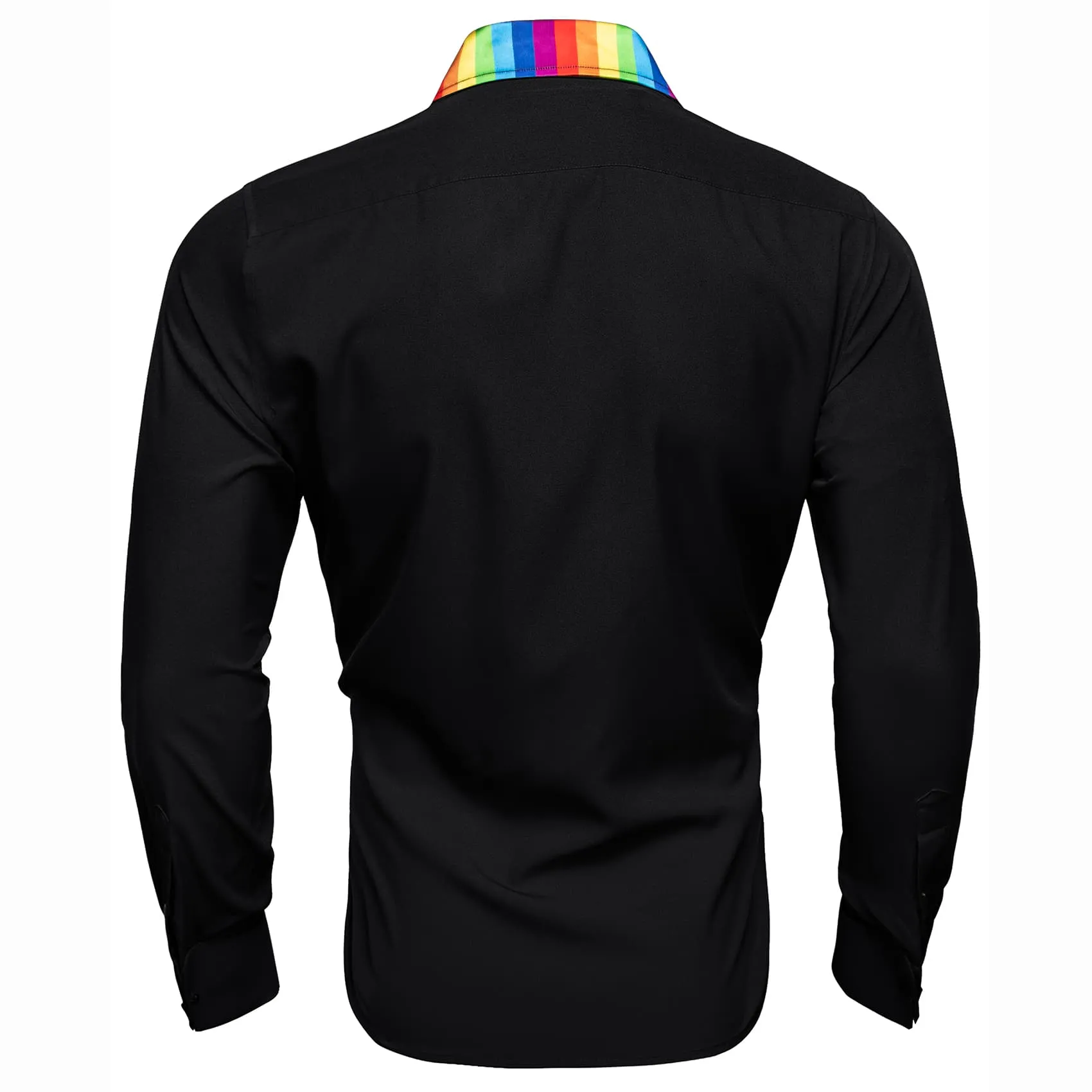 Barry Wang Black Silk Shirt Splicing Rainbow Color Collar Cuffs Shirt