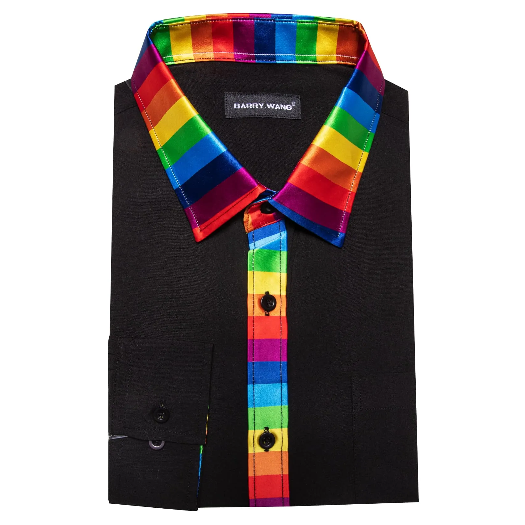 Barry Wang Black Silk Shirt Splicing Rainbow Color Collar Cuffs Shirt