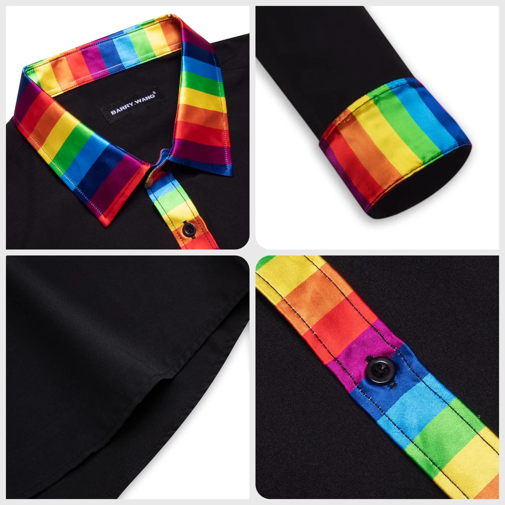 Barry Wang Black Silk Shirt Splicing Rainbow Color Collar Cuffs Shirt