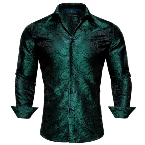 Barry Wang Button Down Shirt Green Paisley Silk Long Sleeve Shirt for Men