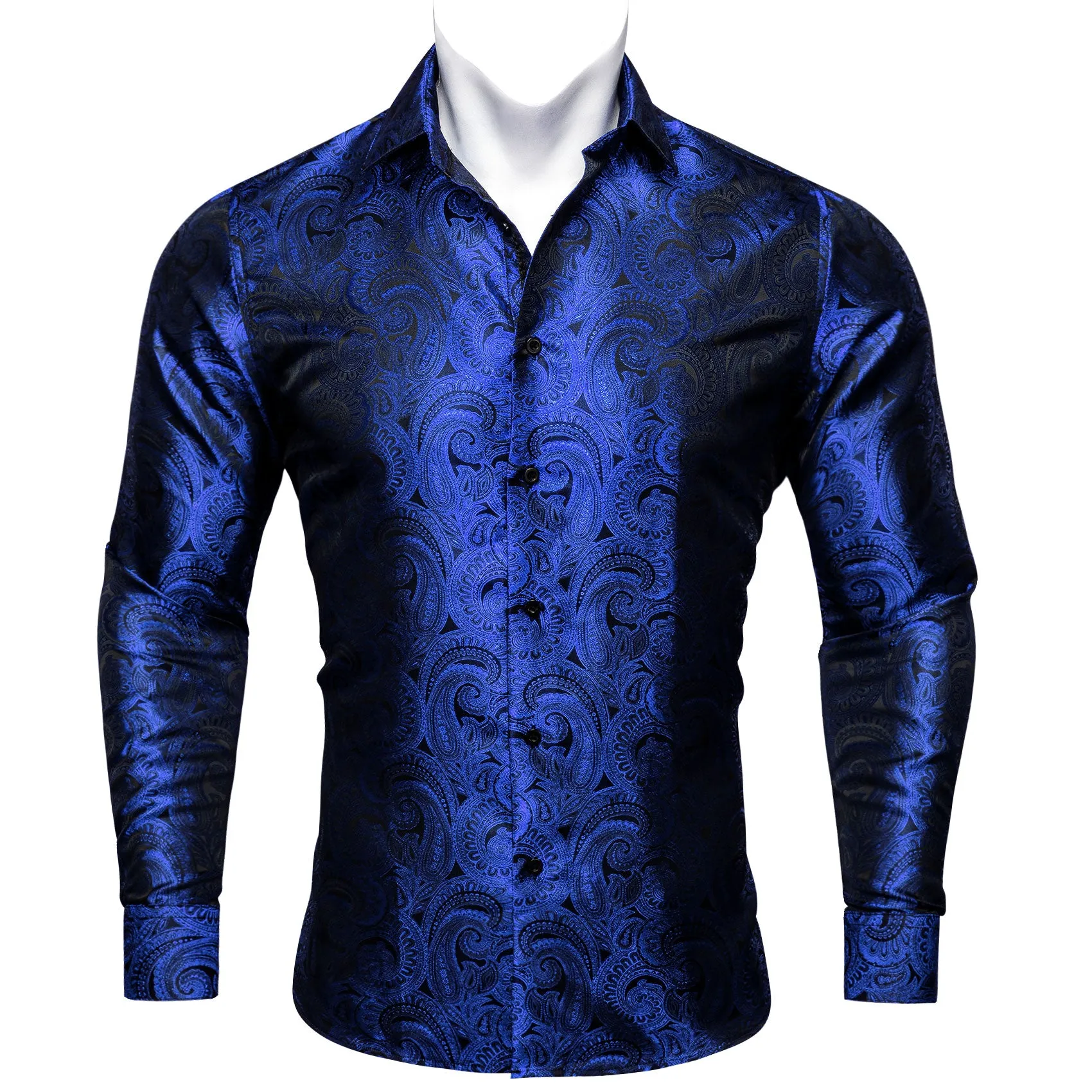 Barry Wang Sapphire Blue Paisley Black Silk Men's Formal Shirt for Guy