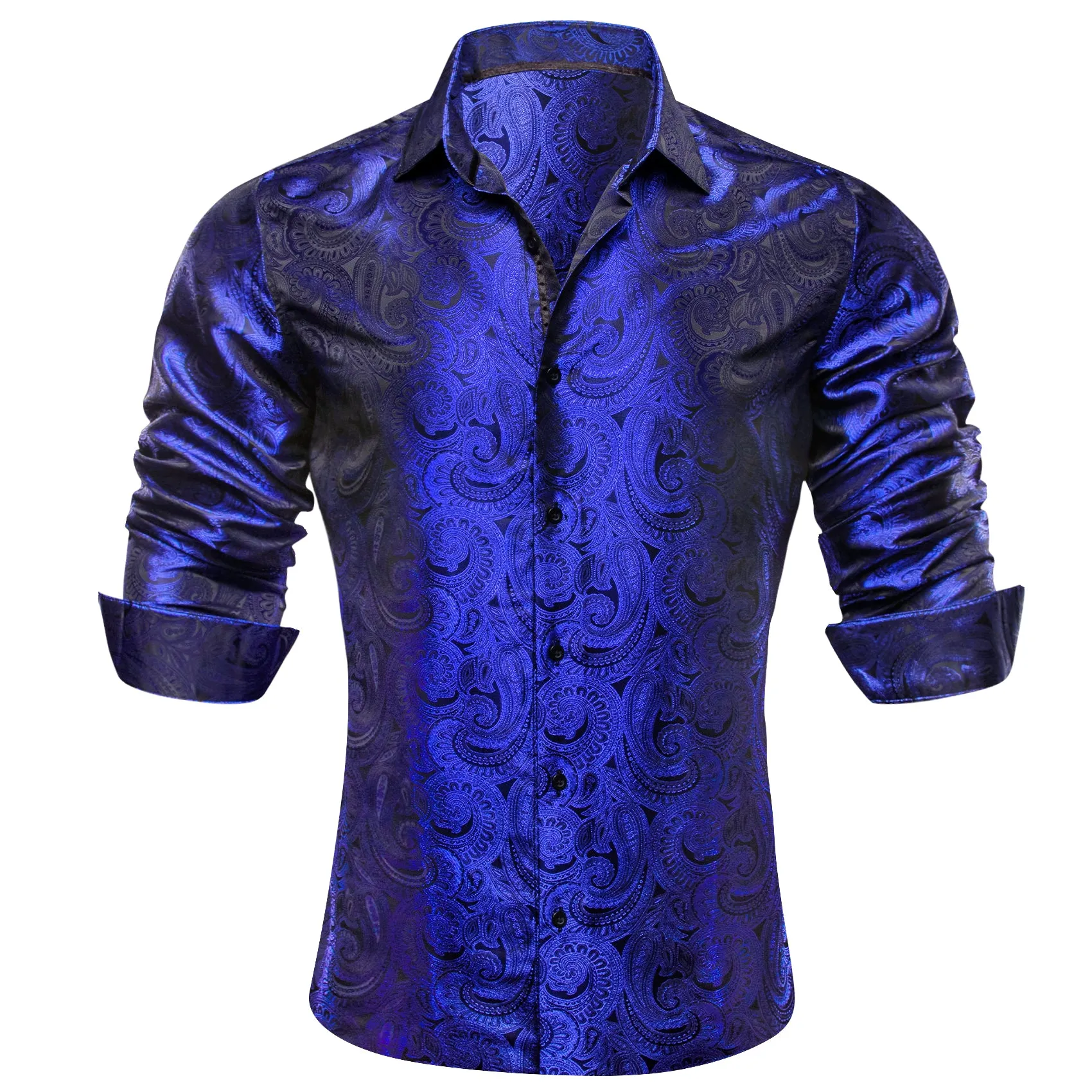 Barry Wang Sapphire Blue Paisley Black Silk Men's Formal Shirt for Guy