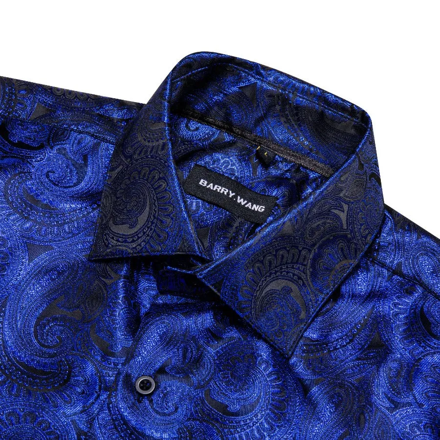 Barry Wang Sapphire Blue Paisley Black Silk Men's Formal Shirt for Guy