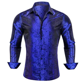 Barry Wang Sapphire Blue Paisley Black Silk Men's Formal Shirt for Guy