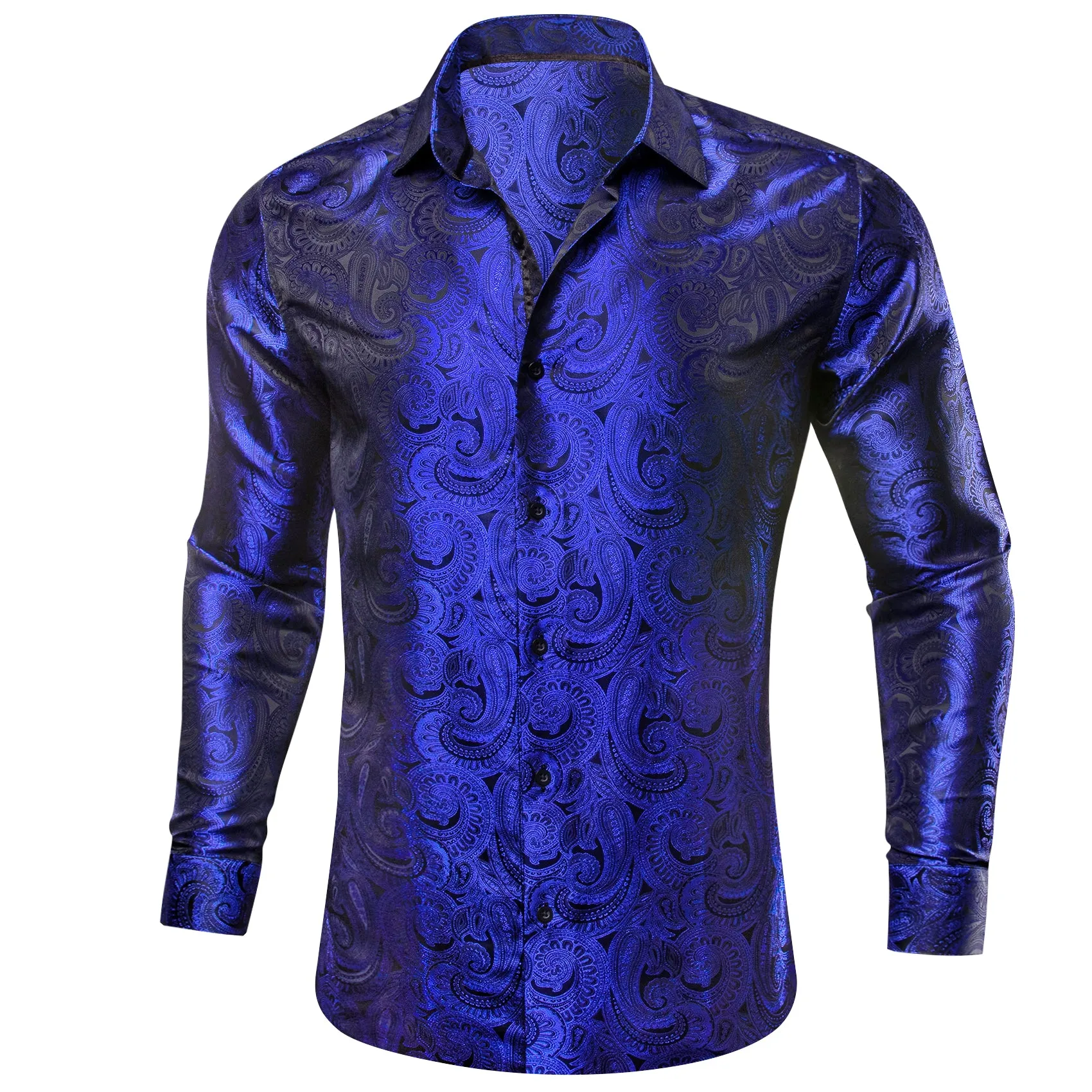 Barry Wang Sapphire Blue Paisley Black Silk Men's Formal Shirt for Guy