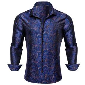 Barry.wang Button Down Shirt Blue Golden Floral Long Sleeve Shirt