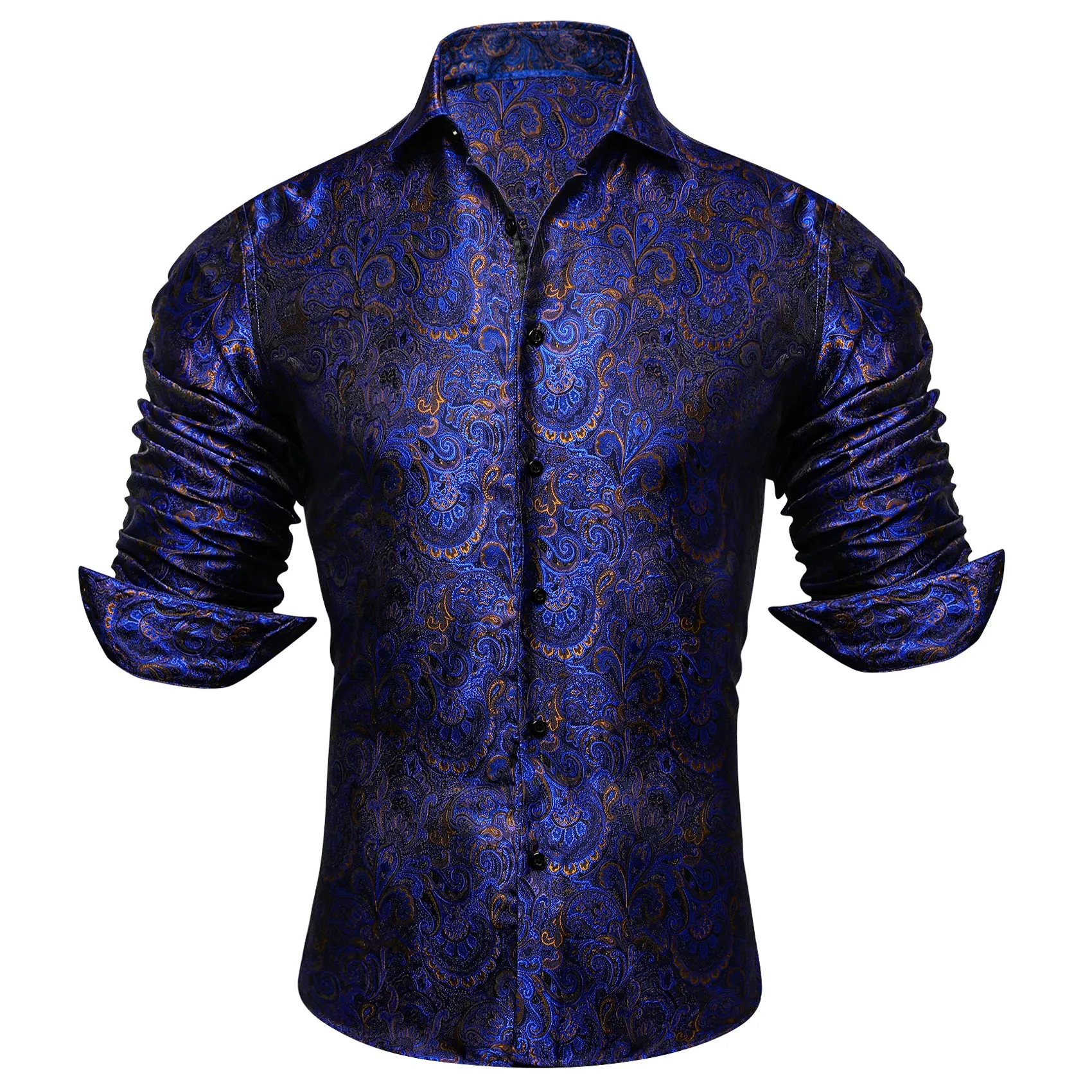 Barry.wang Button Down Shirt Blue Golden Floral Long Sleeve Shirt