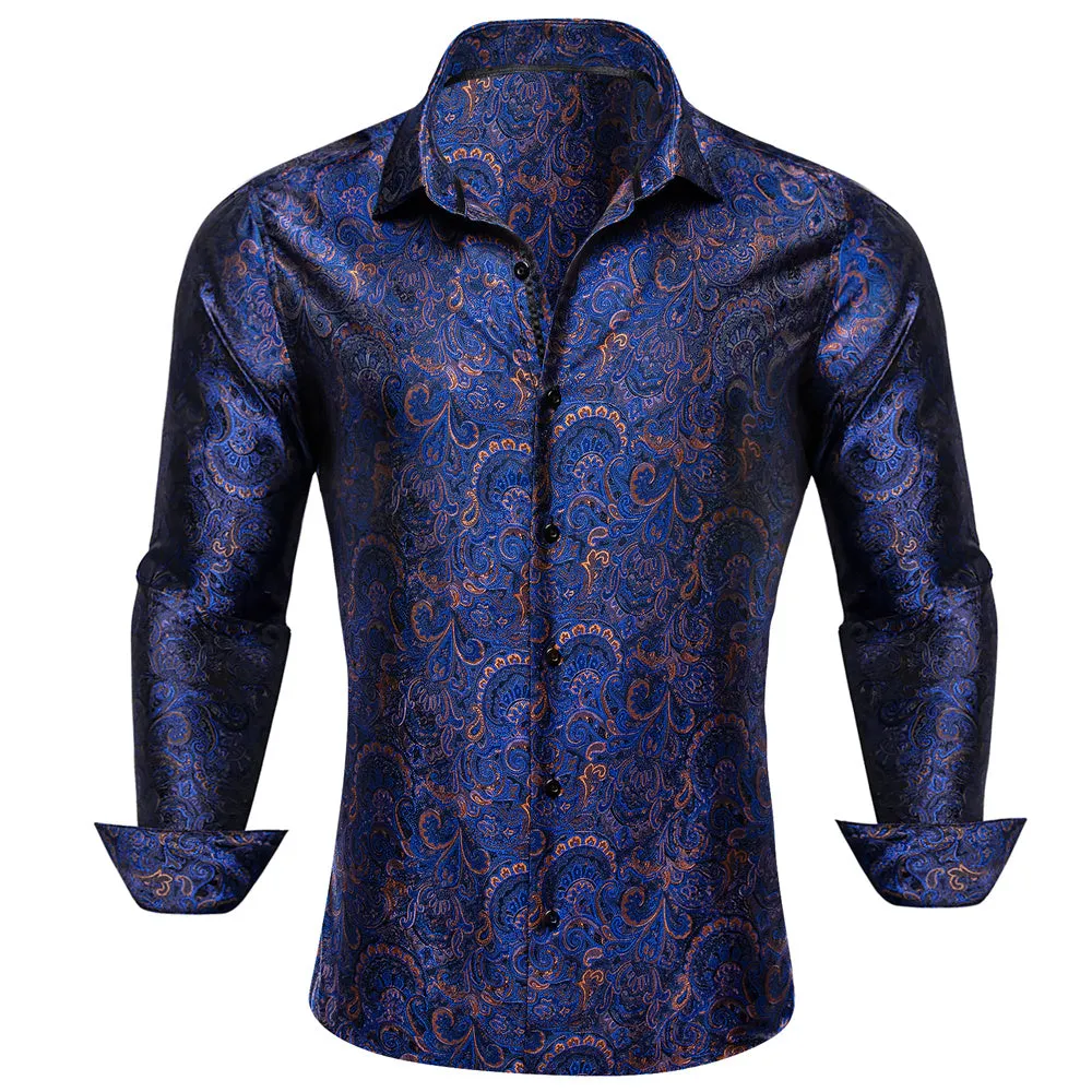 Barry.wang Button Down Shirt Blue Golden Floral Long Sleeve Shirt