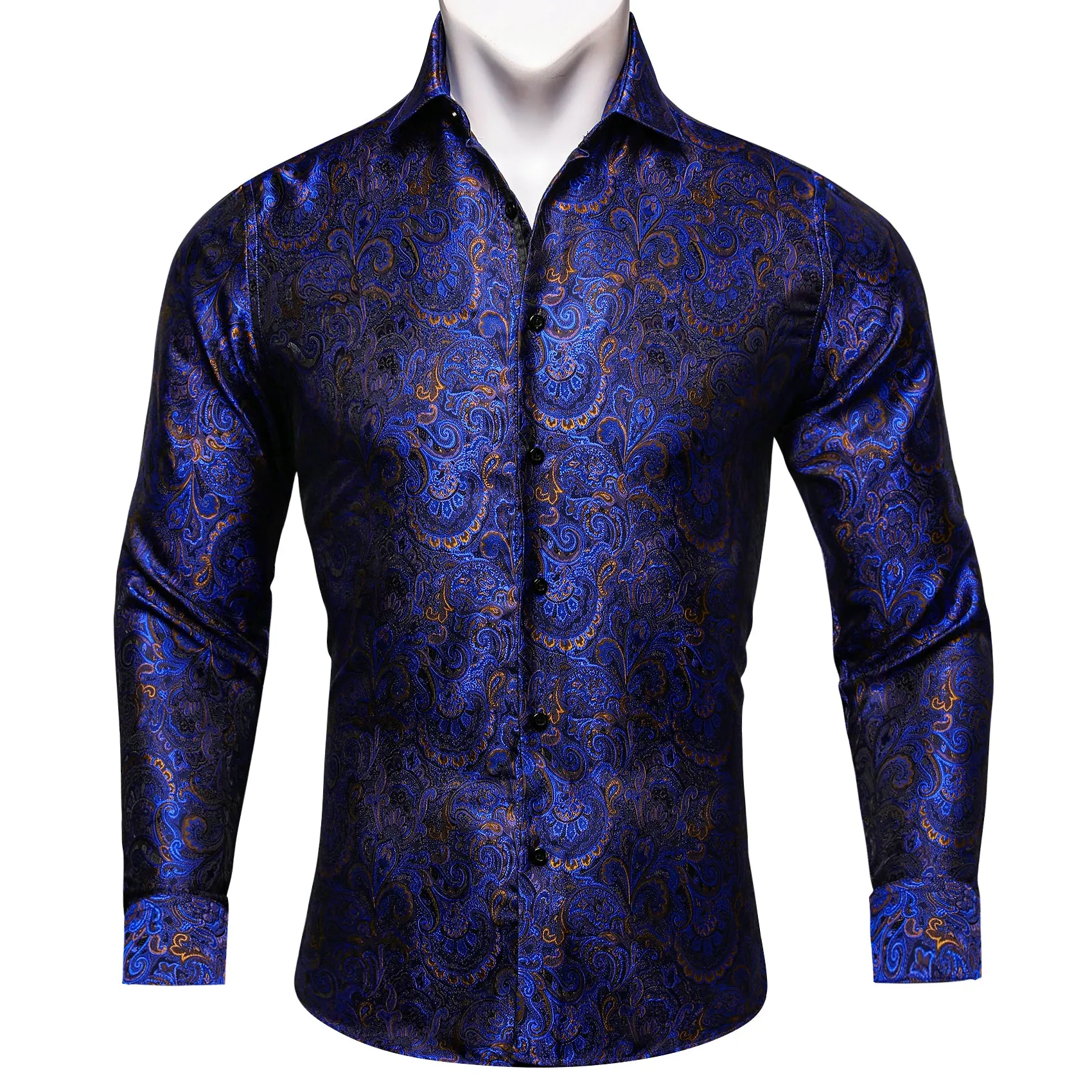 Barry.wang Button Down Shirt Blue Golden Floral Long Sleeve Shirt