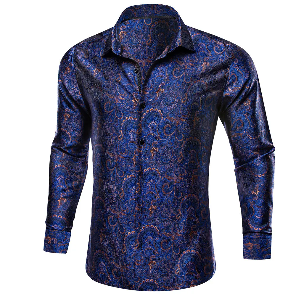 Barry.wang Button Down Shirt Blue Golden Floral Long Sleeve Shirt