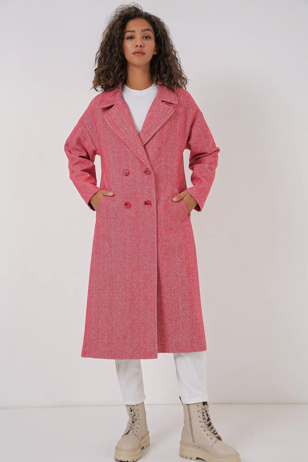 BGD Women Oversized Wide Cut Wool Long Coat - Red - Teijlingen