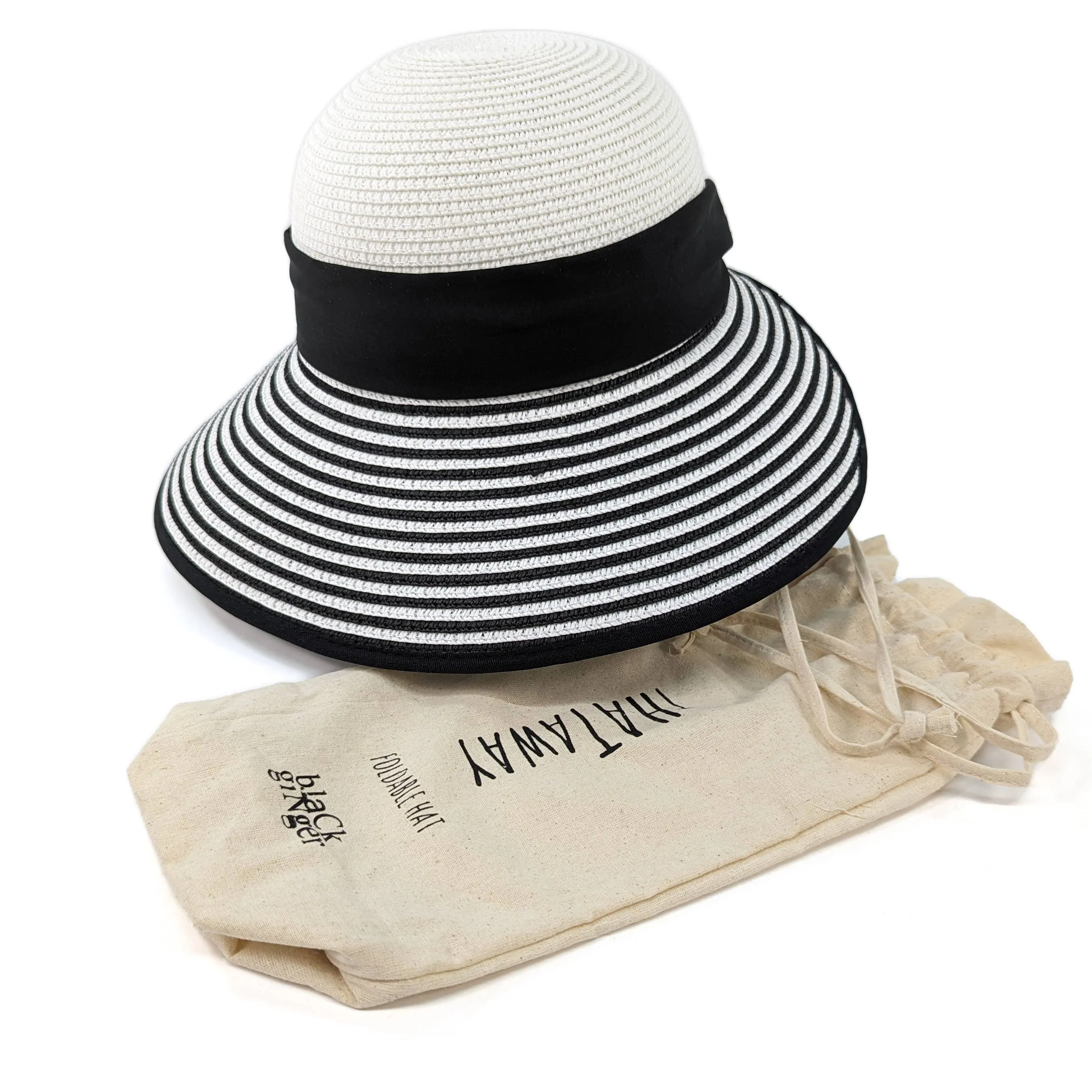 Black Ginger - Stripey Open Back Foldable Hat - Black & White
