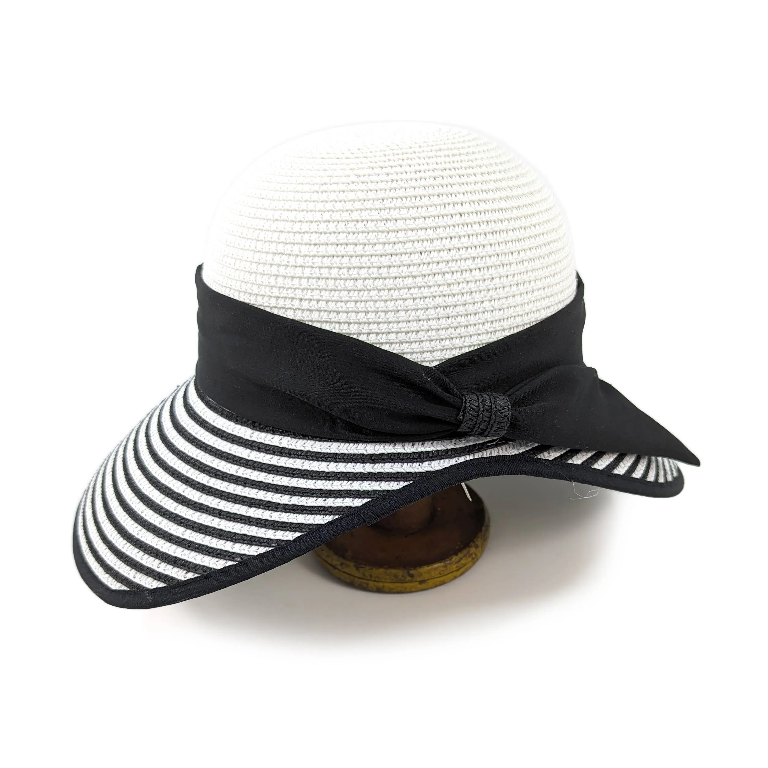 Black Ginger - Stripey Open Back Foldable Hat - Black & White
