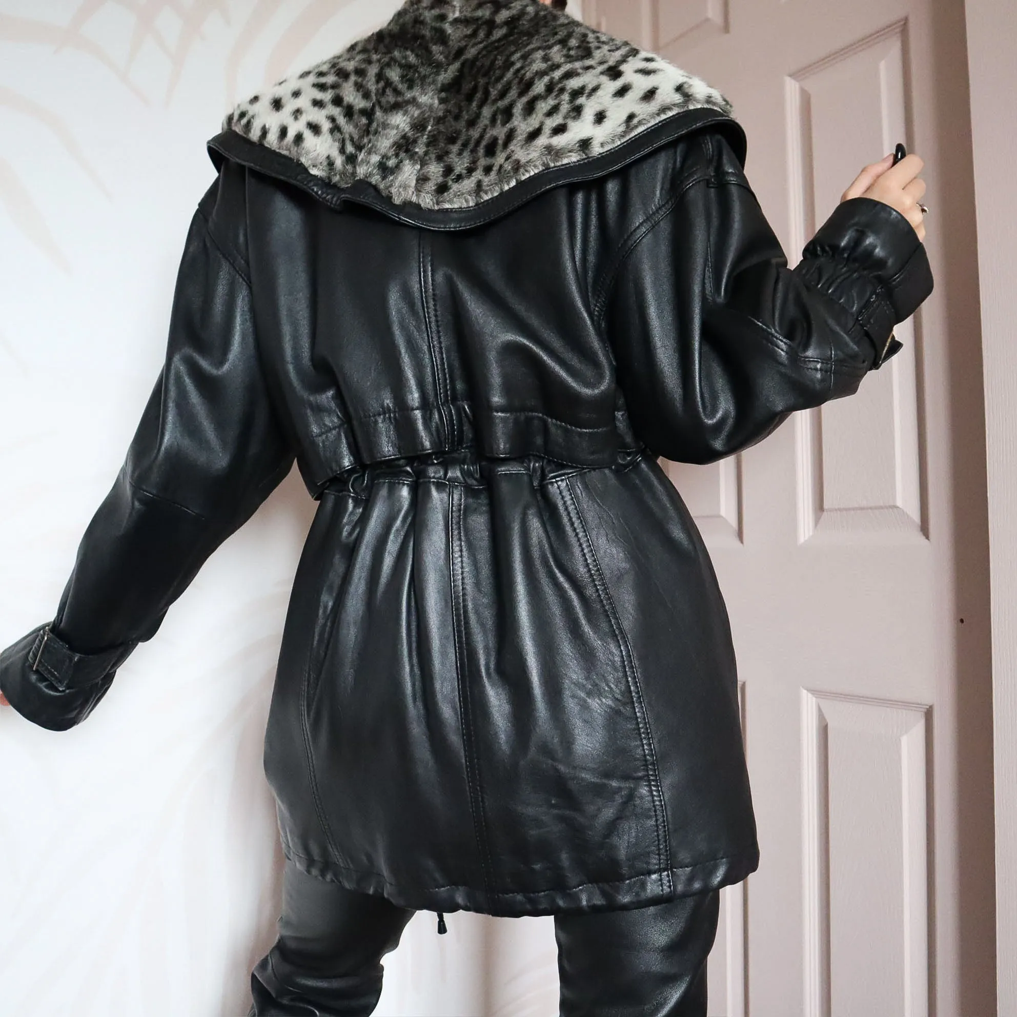 Black real leather faux fur coat UK 12