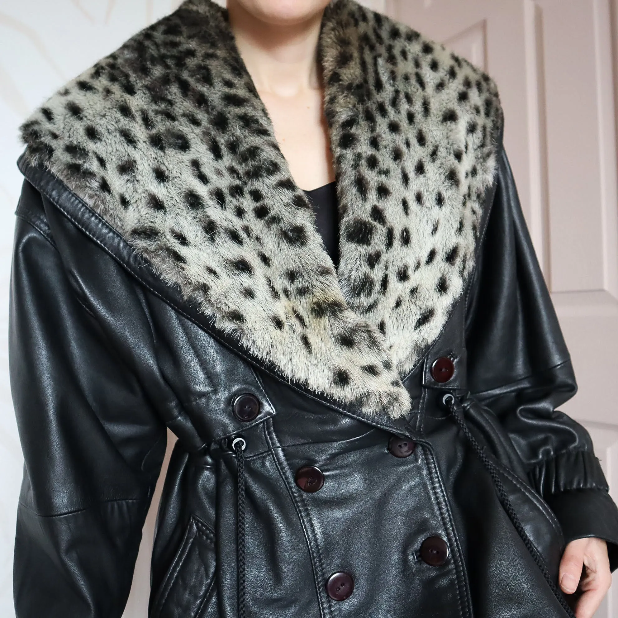 Black real leather faux fur coat UK 12