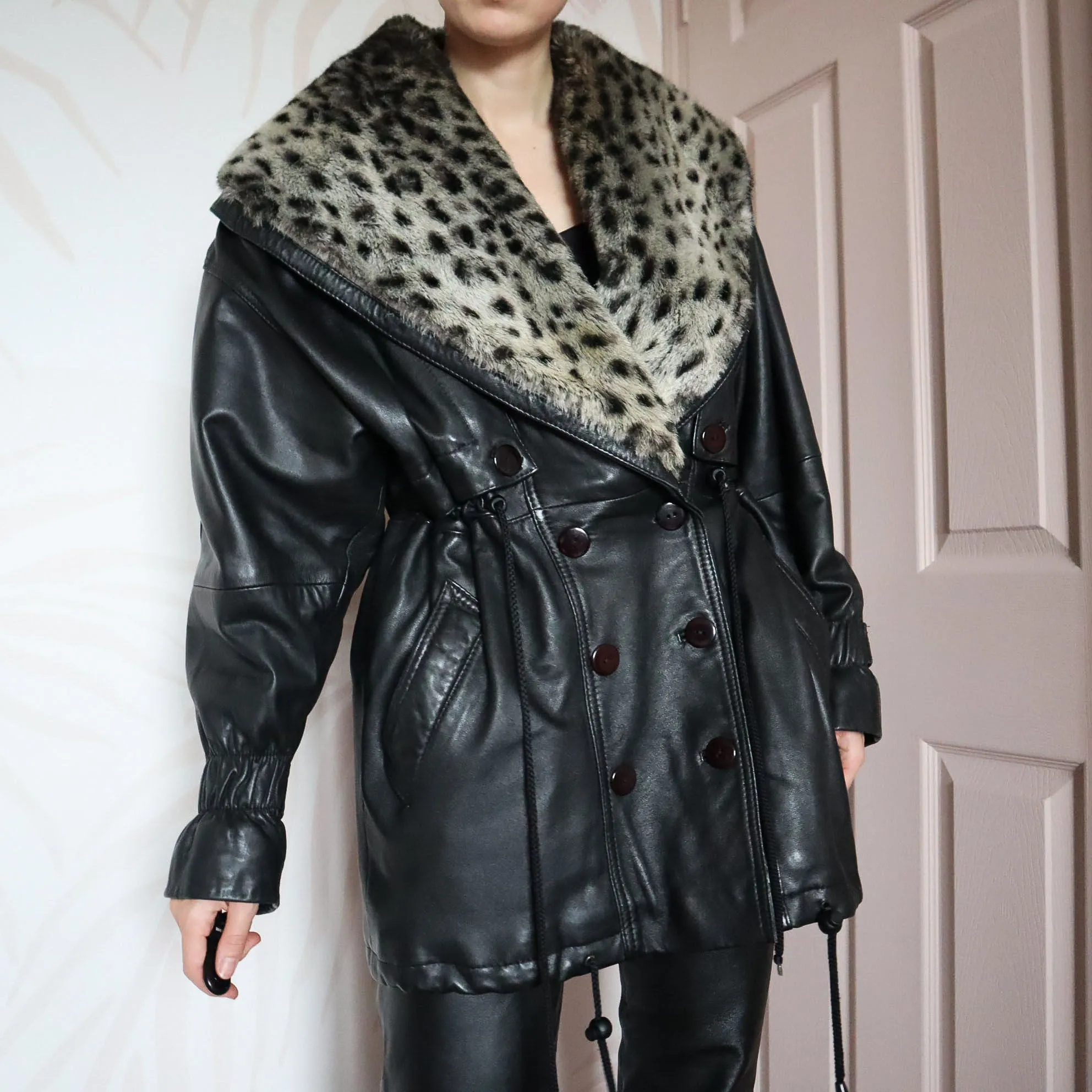 Black real leather faux fur coat UK 12