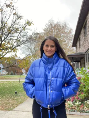 Blue Faux Leather Puffer Jacket