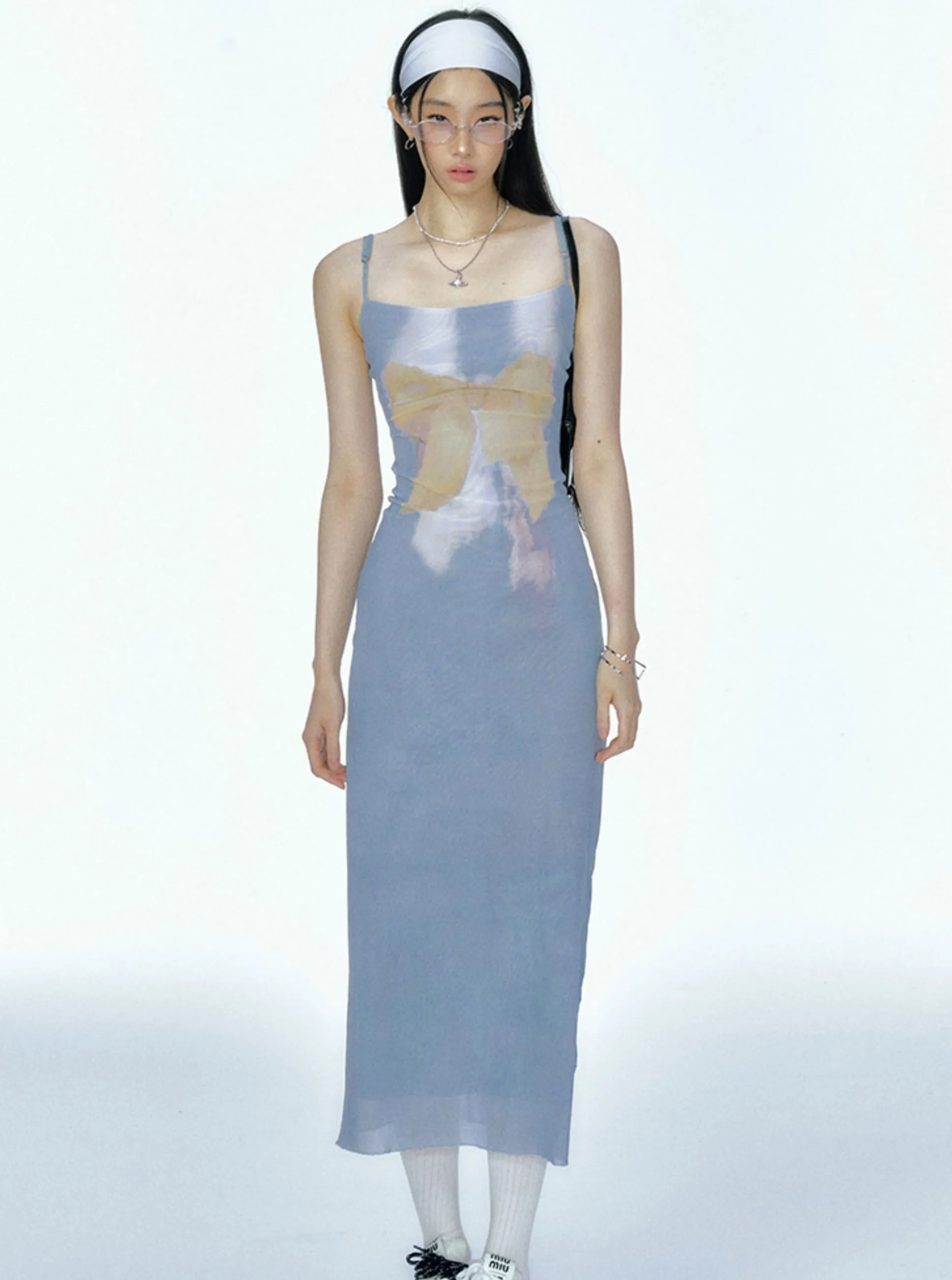 Bow Mesh Print Slip Dress