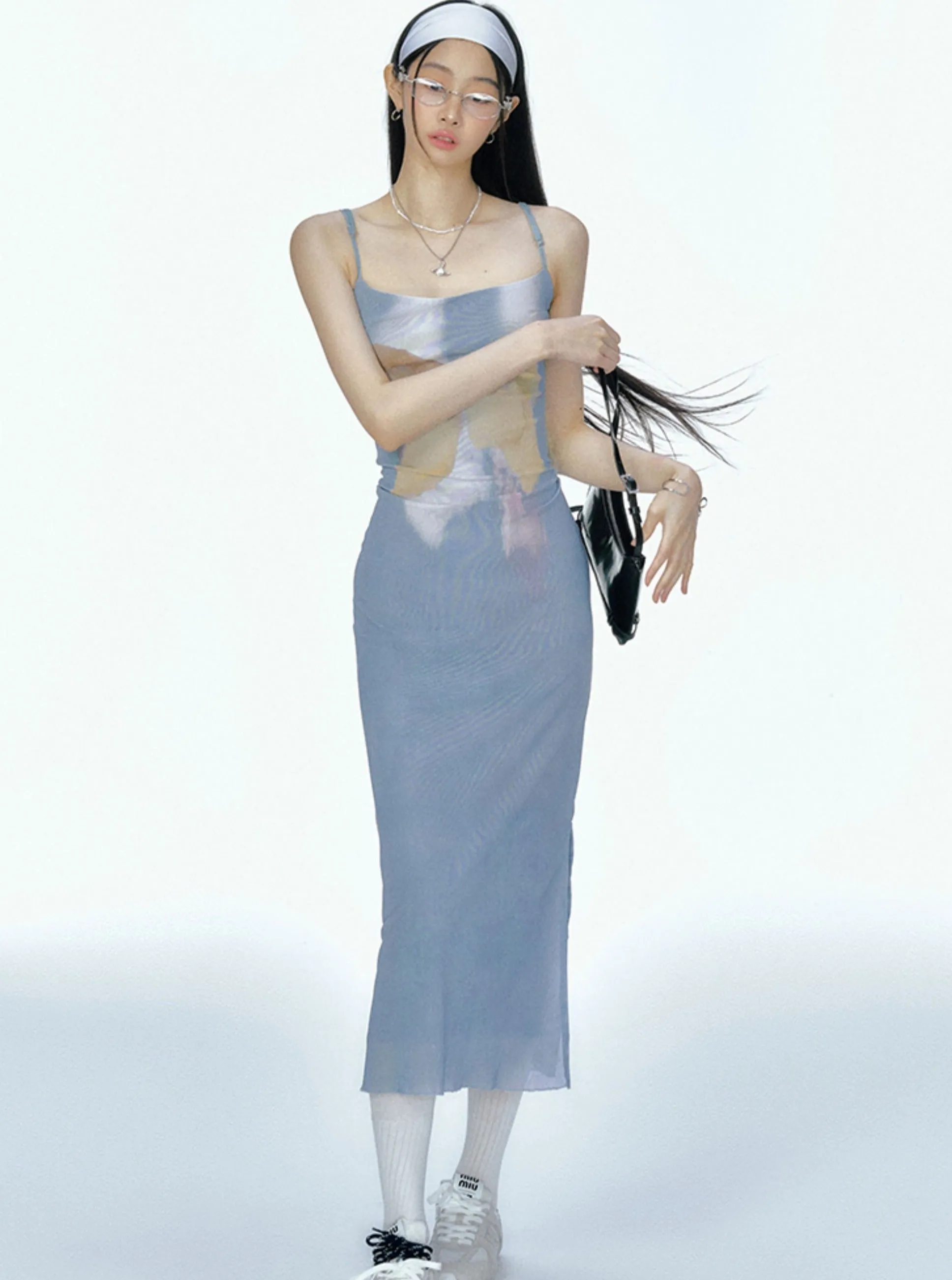 Bow Mesh Print Slip Dress
