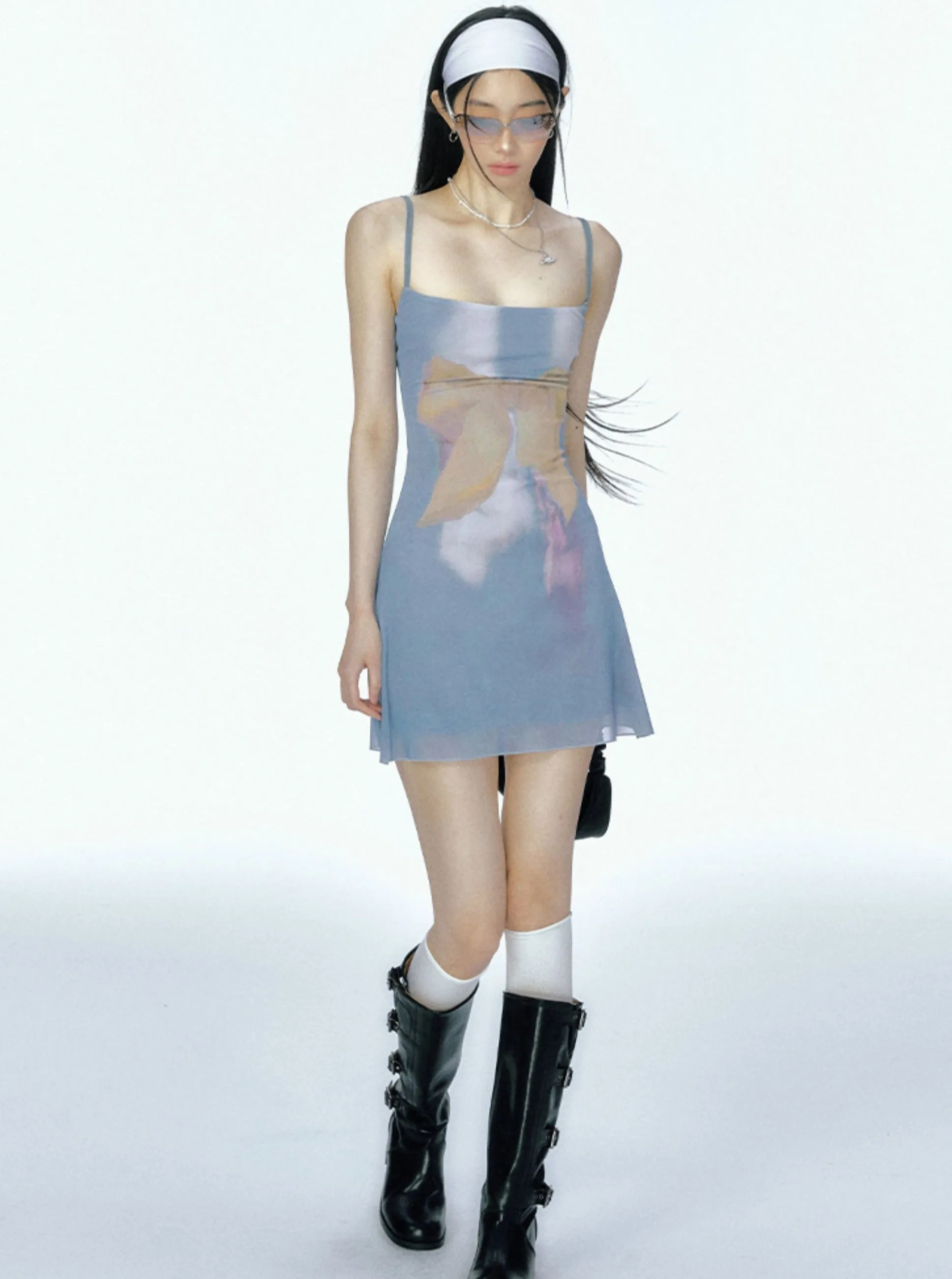 Bow Mesh Print Slip Dress