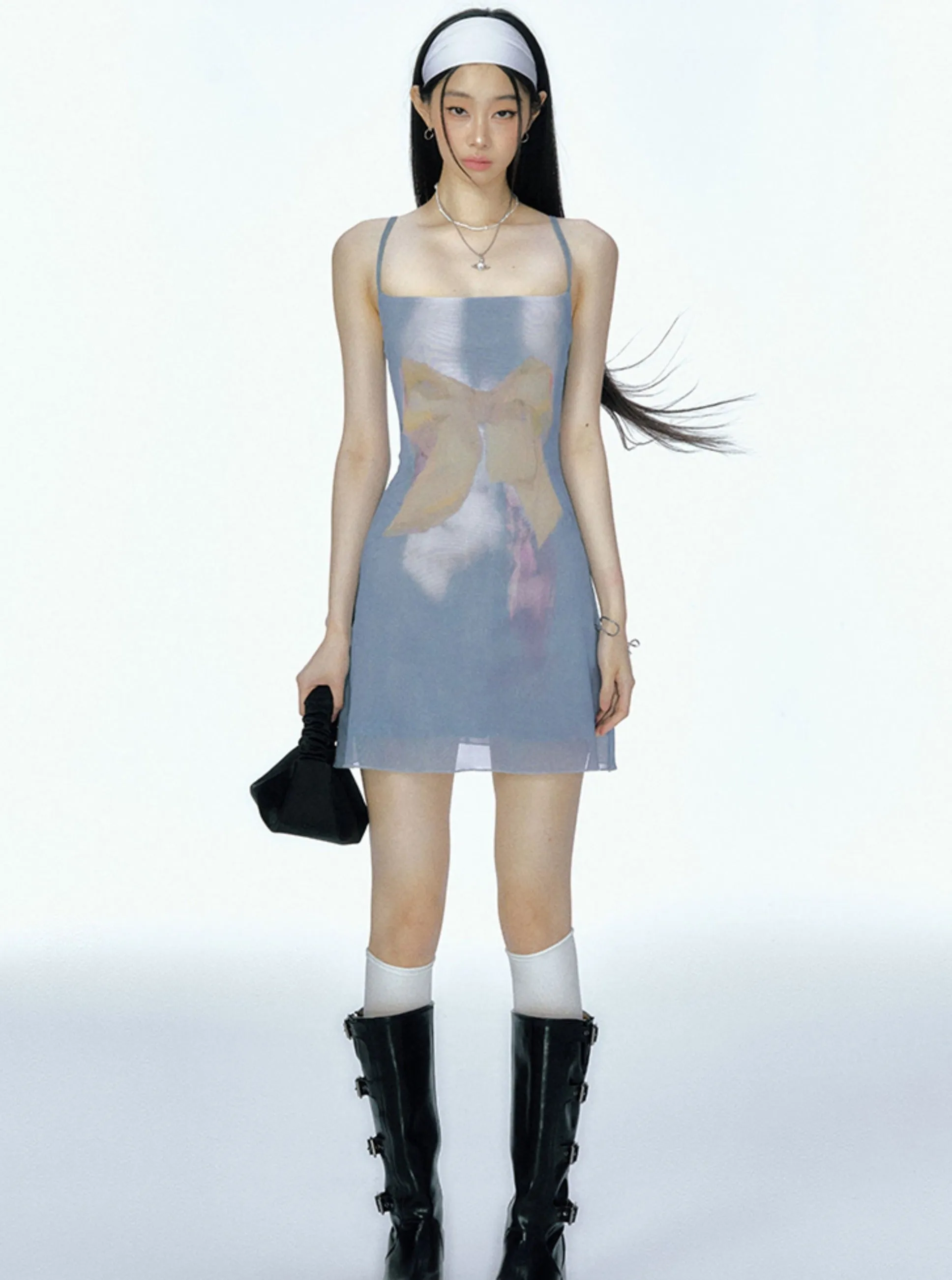 Bow Mesh Print Slip Dress