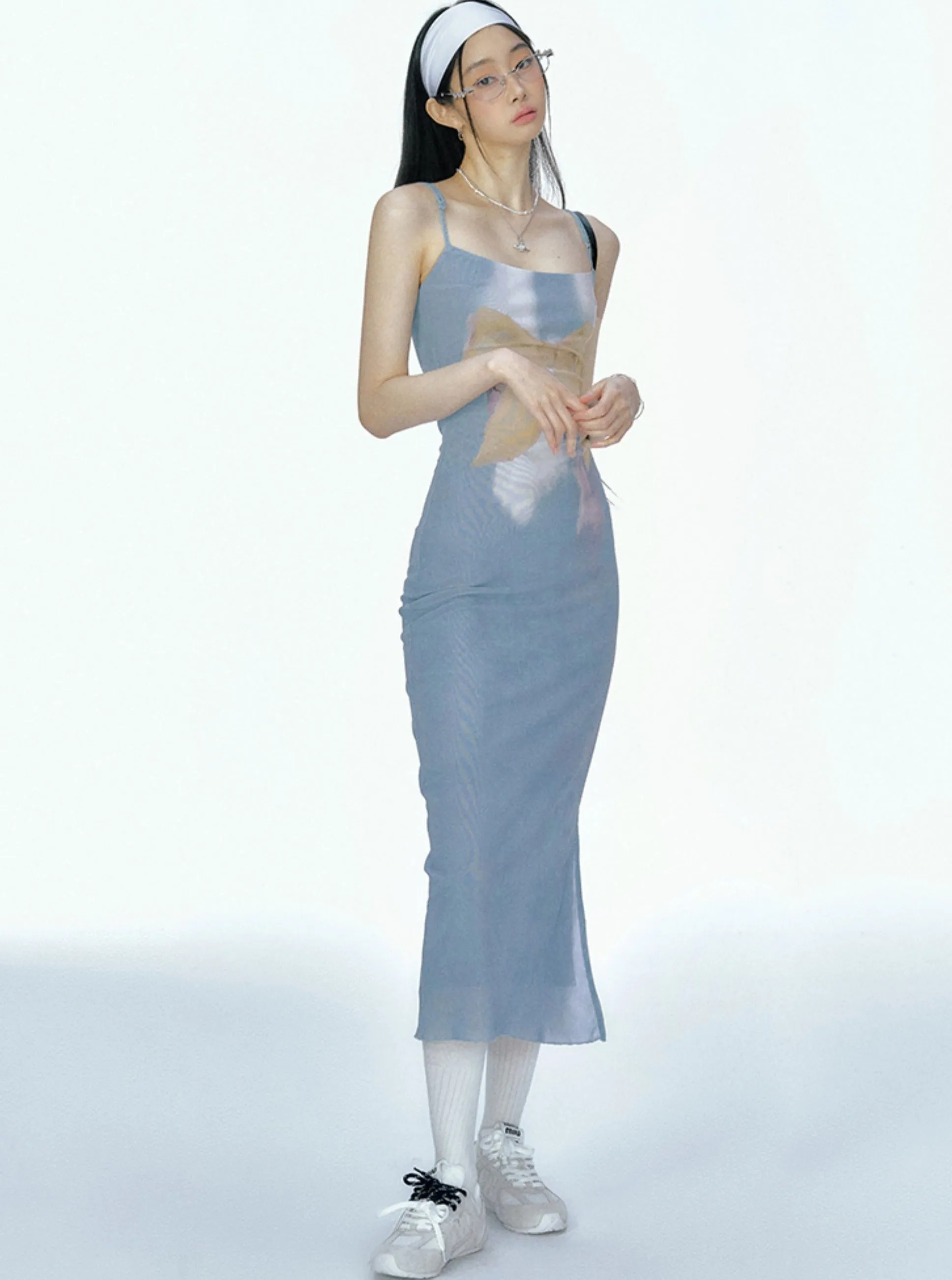 Bow Mesh Print Slip Dress