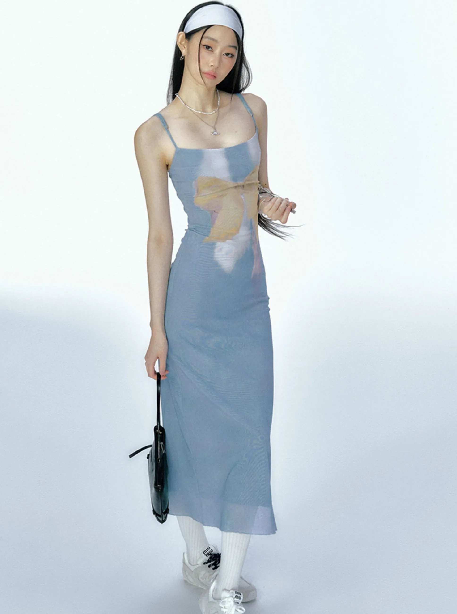 Bow Mesh Print Slip Dress
