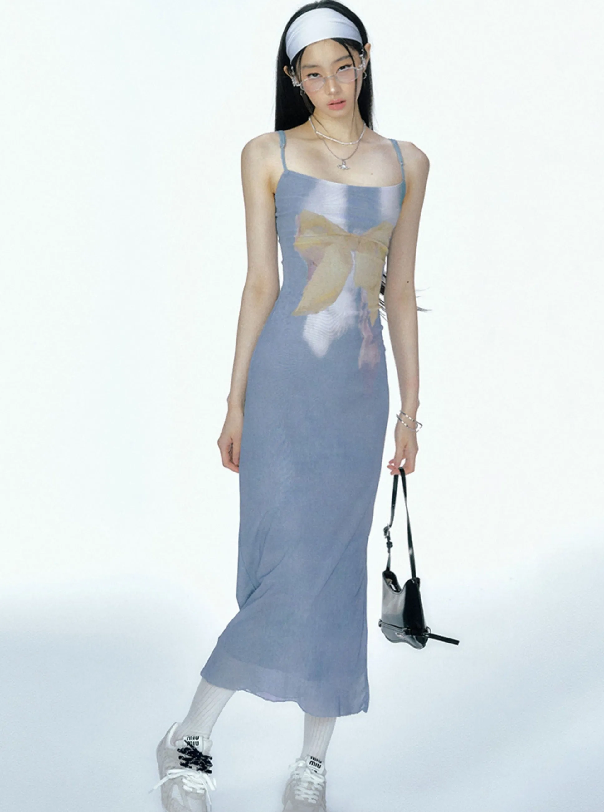 Bow Mesh Print Slip Dress
