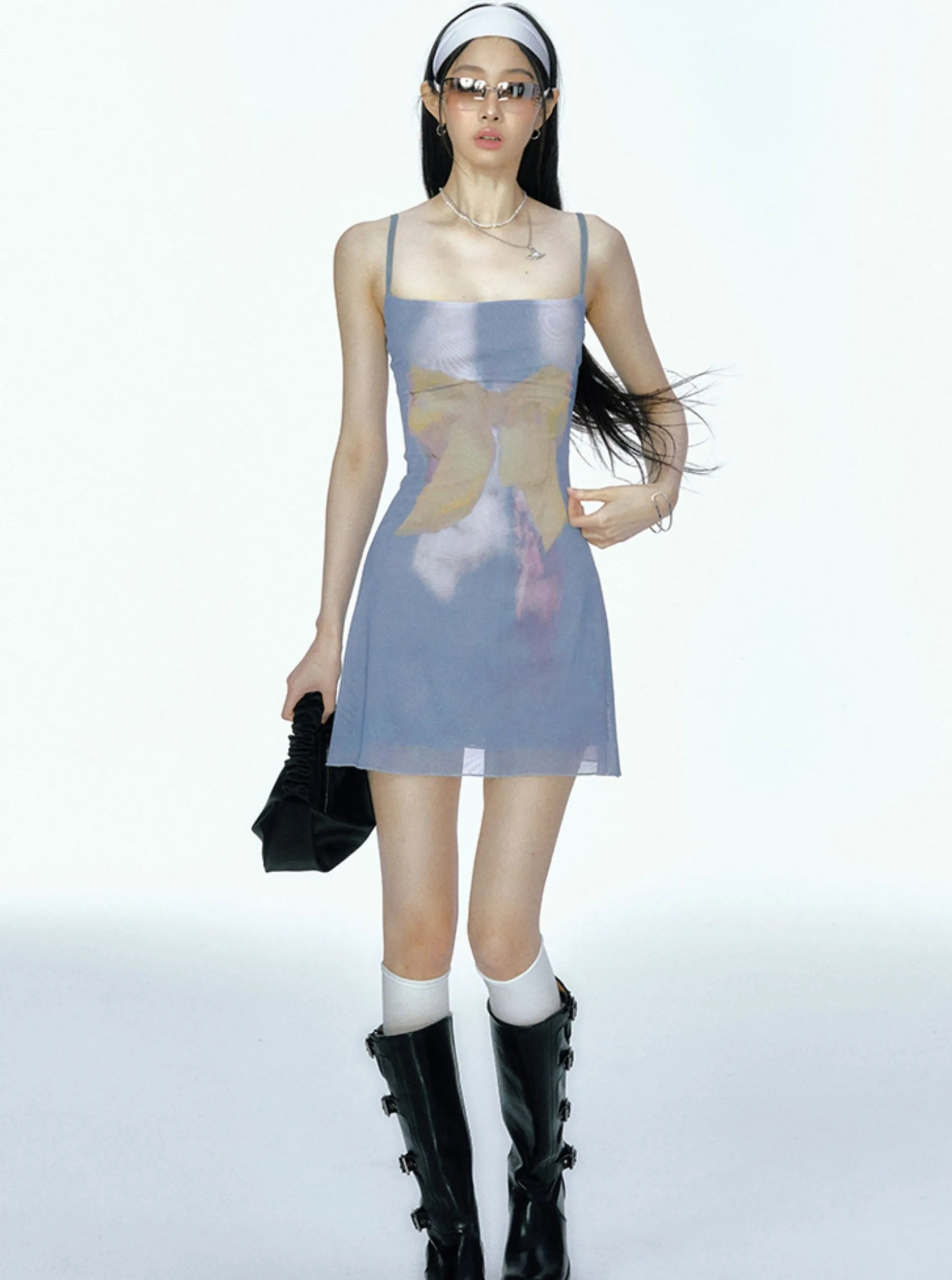 Bow Mesh Print Slip Dress