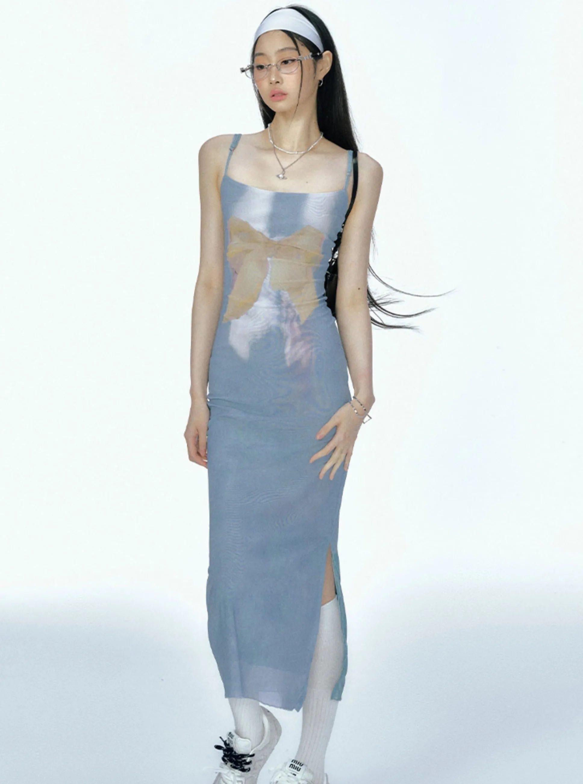 Bow Mesh Print Slip Dress
