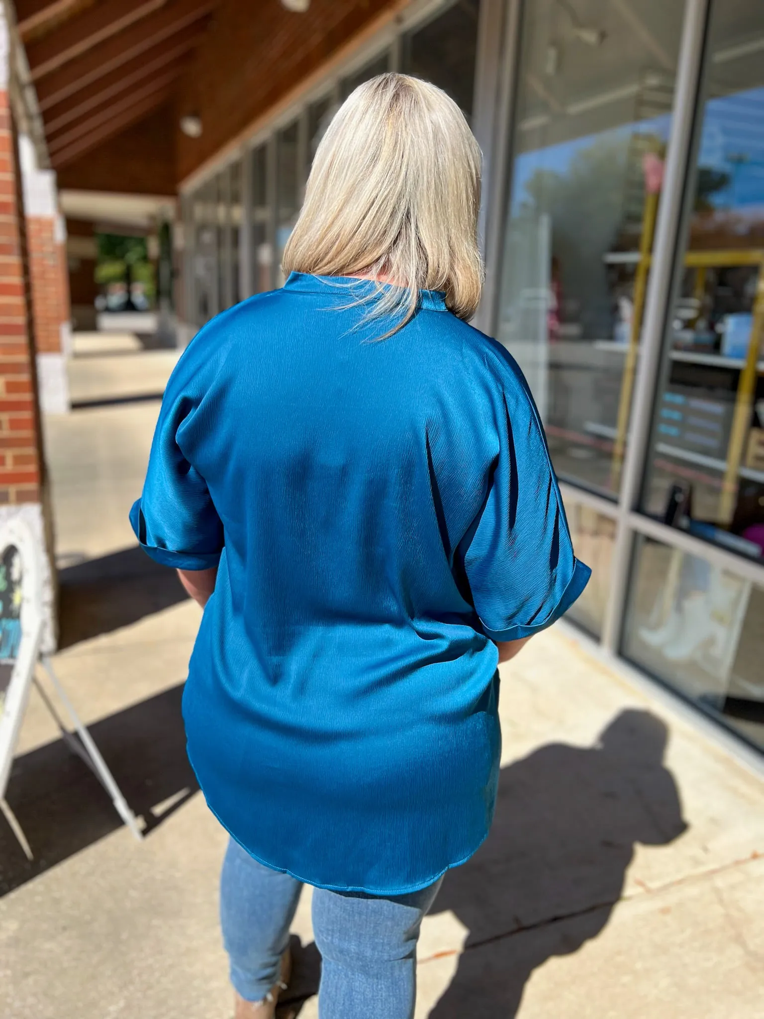 Brunch Date Teal Satin V-Neck Short Sleeve Top