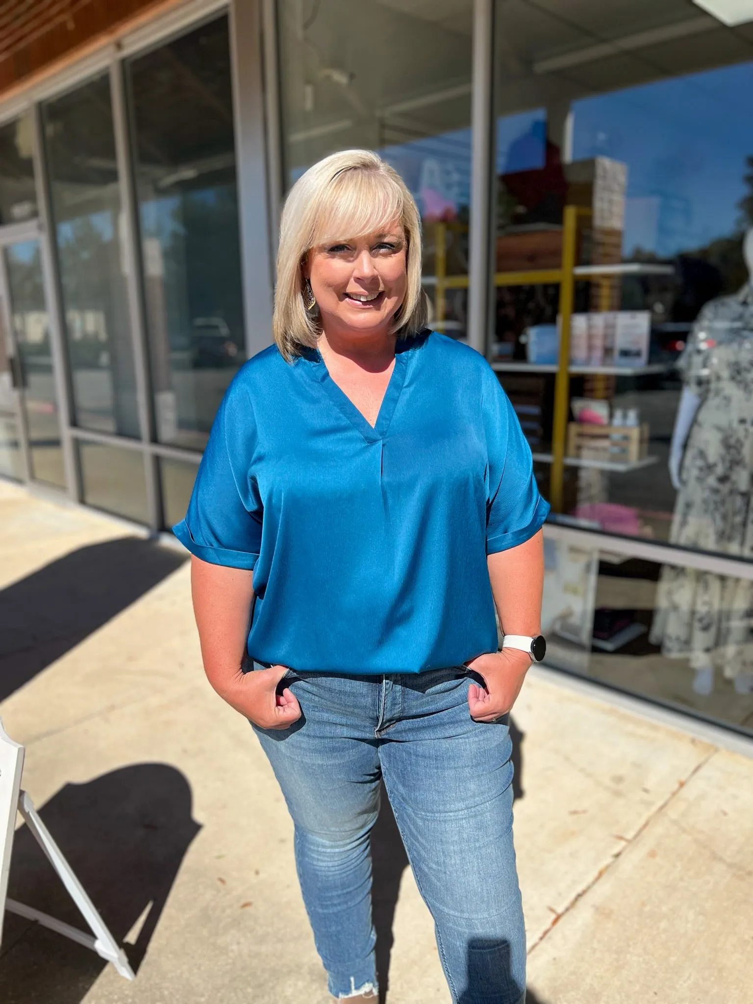 Brunch Date Teal Satin V-Neck Short Sleeve Top
