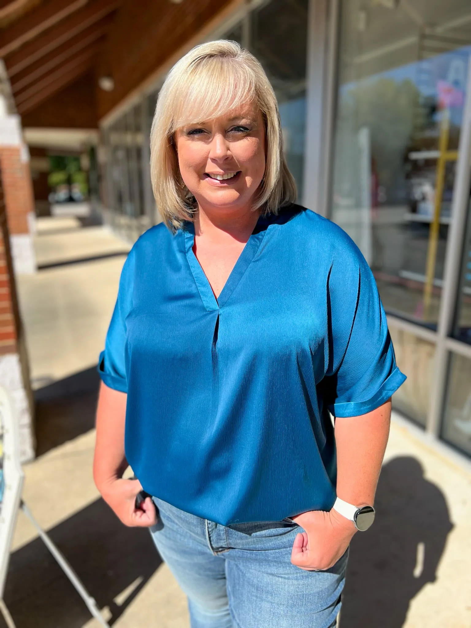 Brunch Date Teal Satin V-Neck Short Sleeve Top