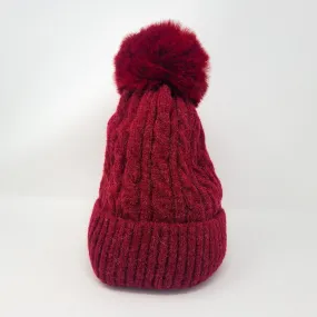 Burgundy Luxury Cable Knit Hat with Faux Fur Pom-Pom