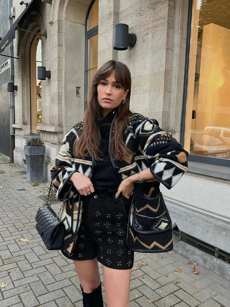Camellia | Boho Aztec Wool Coat – Stylish & Warm Open Front Jacket for Women