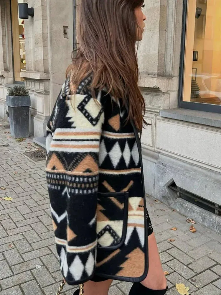 Camellia | Boho Aztec Wool Coat – Stylish & Warm Open Front Jacket for Women