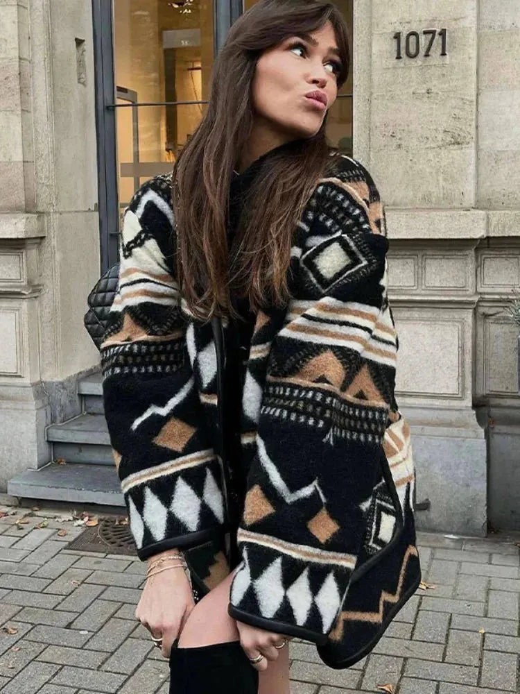 Camellia | Boho Aztec Wool Coat – Stylish & Warm Open Front Jacket for Women