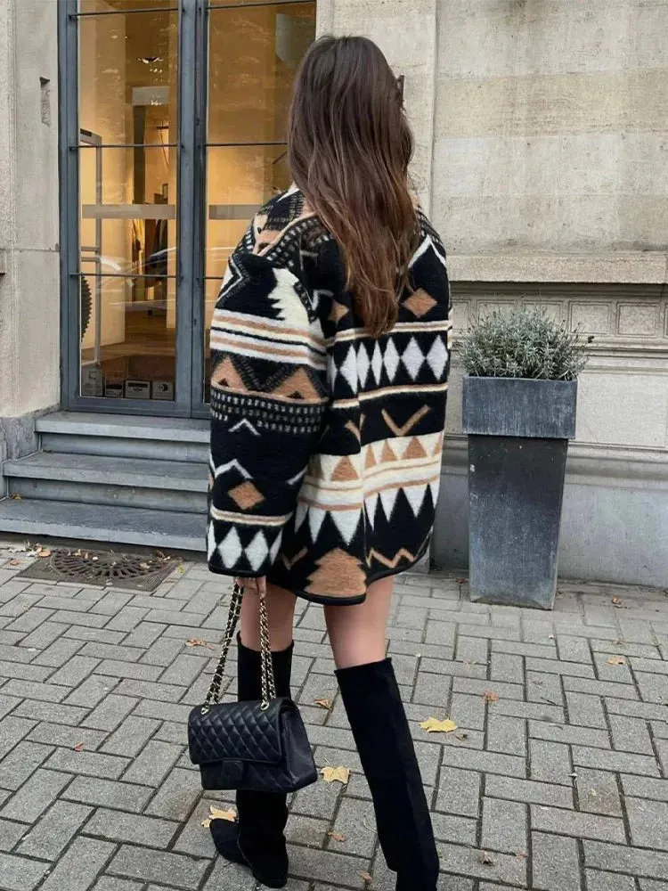Camellia | Boho Aztec Wool Coat – Stylish & Warm Open Front Jacket for Women